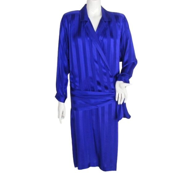 LIZ CLAIBORNE Silk Dress, 12 Blue-PURPLE Jaquard Stripes, Drop Waist - Picture 1 of 11
